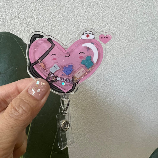 Liquid Badge Reel: NURSE-pink heart