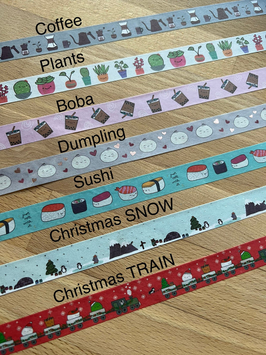 WASHI Tape-Sushi, Coffee, Plants, Dumpling, Boba, Christmas designs